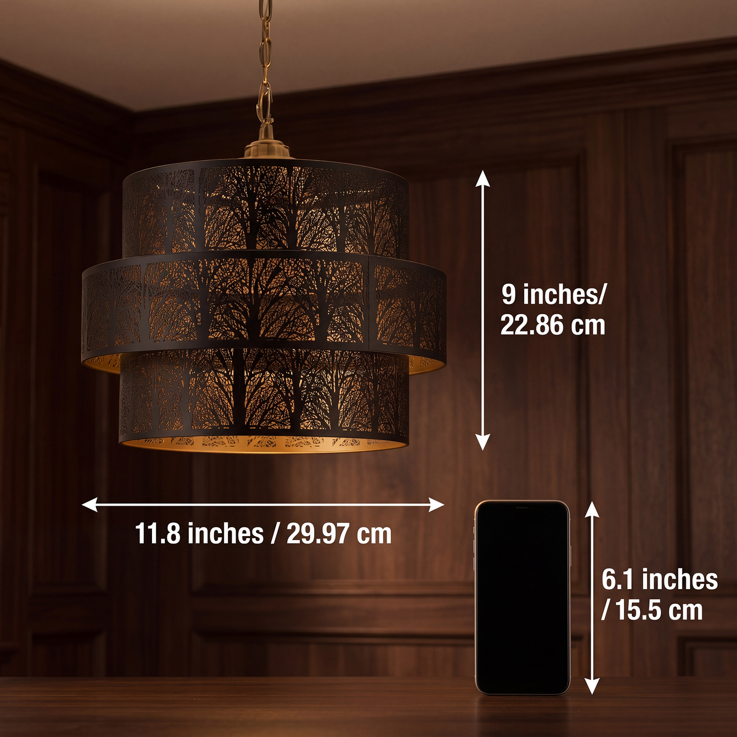 3-Tier Drum Metal Lampshade - 11.8 inches x 9 inches Size Dimensions, Forest Etching Design with Black and Gold Finish, Replacement Lamp Shade for Chandeliers Pendant Lights and Ceiling Fixtures