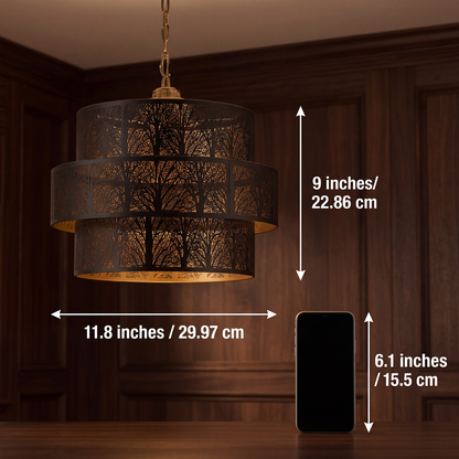 3-Tier Drum Metal Lampshade - 11.8 inches x 9 inches Size Dimensions, Forest Etching Design with Black and Gold Finish, Replacement Lamp Shade for Chandeliers Pendant Lights and Ceiling Fixtures