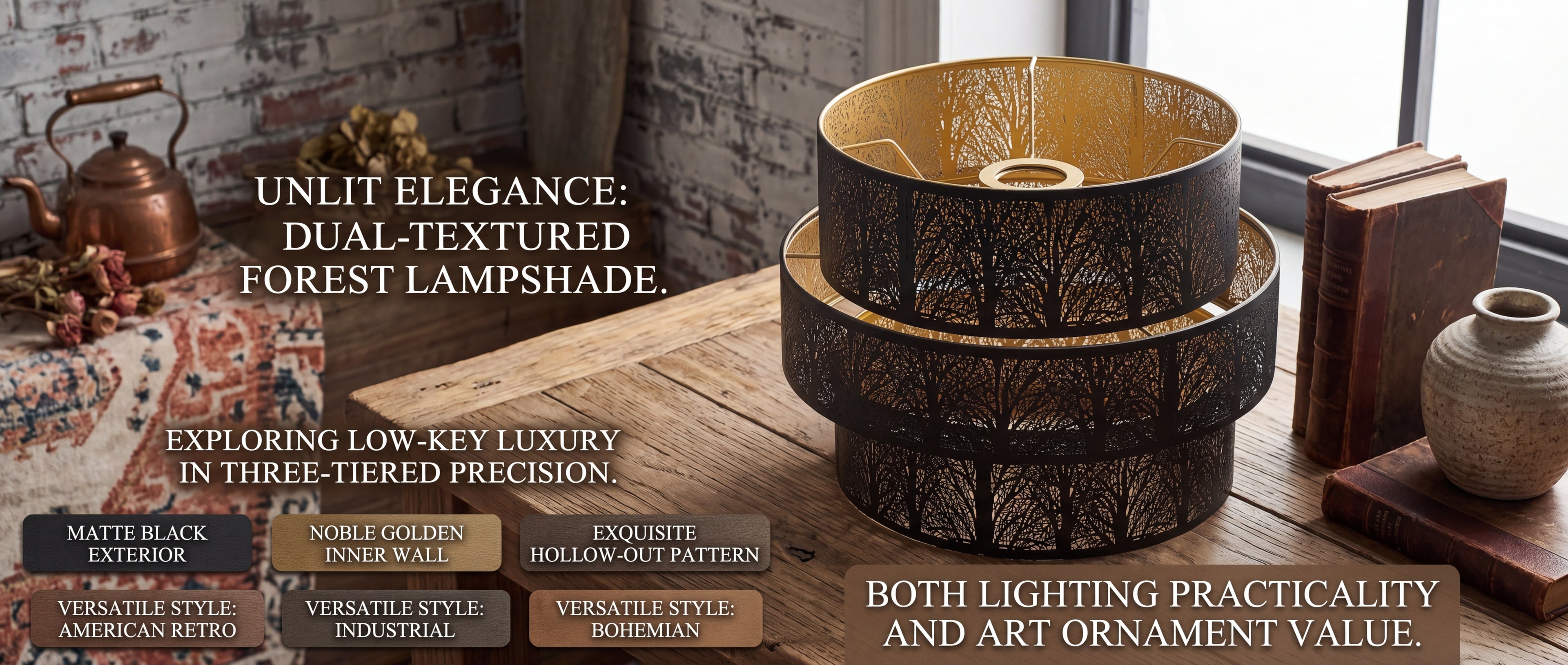 3-Tier Drum Metal Lampshade - Unlit Elegance Dual-Textured Forest Lampshade, Matte Black Exterior with Noble Golden Inner Wall and Exquisite Hollow-Out Pattern, Low-Key Luxury in Three-Tiered Precision, Versatile Styles: American Retro, Industrial, Bohemian, Both Lighting Practicality and Art Ornament Value, 11.8x9 inches