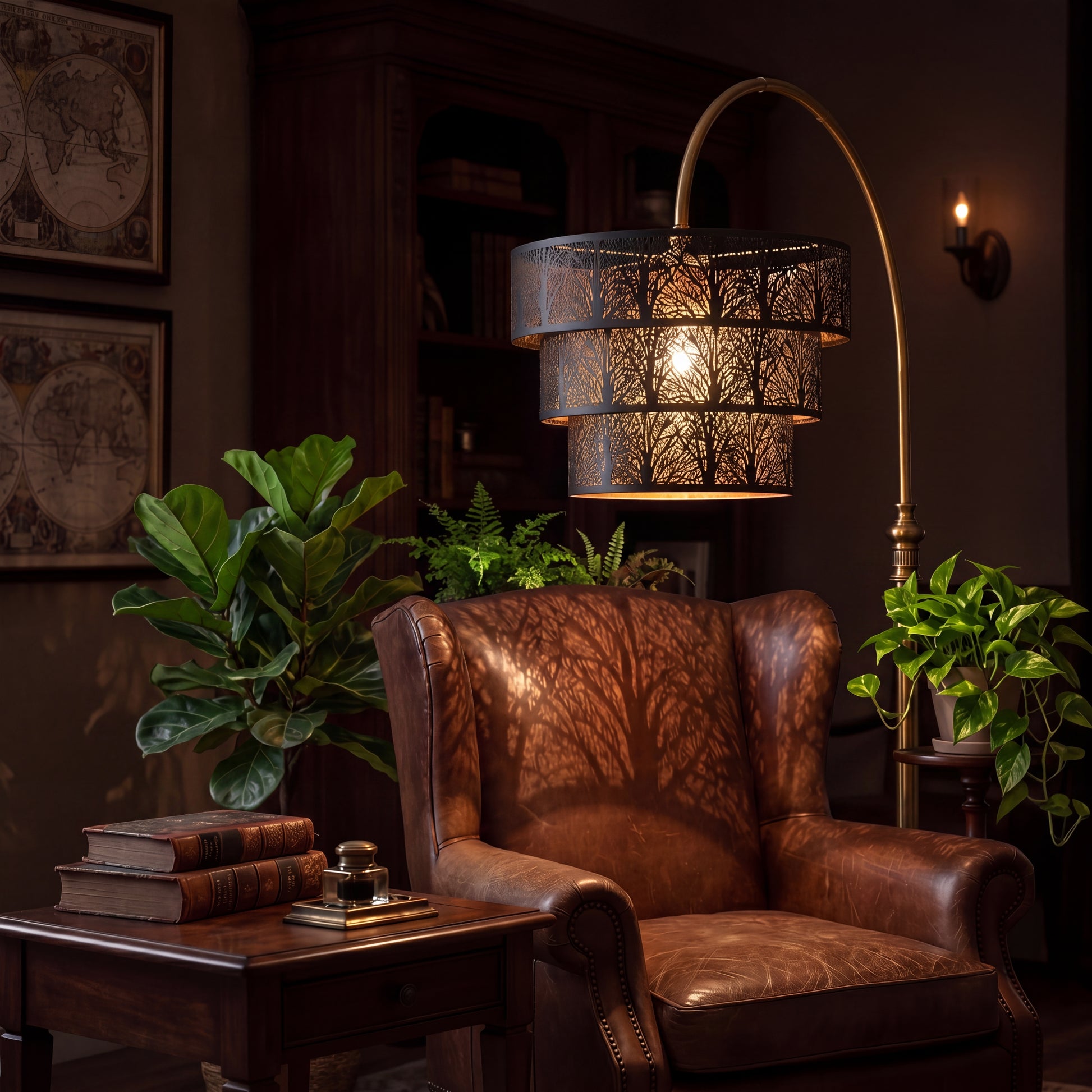 3-Tier Drum Metal Lamp Shade Creating Beautiful Tree Branch Shadow Projection on Wall, Black and Gold Etched Design, 13.2"x10" Replacement Shade for Arc Floor Lamp, Warm Ambient Lighting Effect