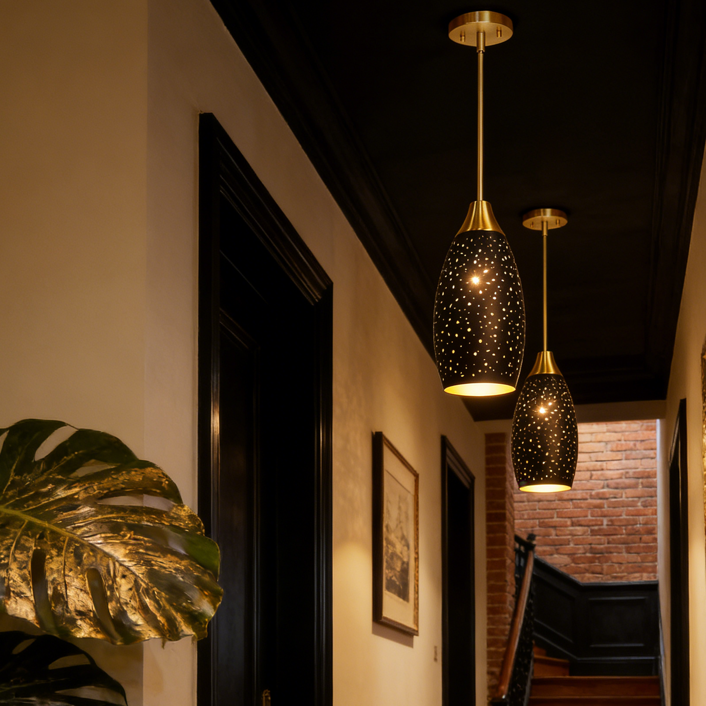 Industrial Gold Teardrop Pendant Light | Starry Hollow-Out Etched Metal Shade | Gold Black | Height Adjustable | E26 Max 60W | Kitchen Bar Café Hanging Lamp