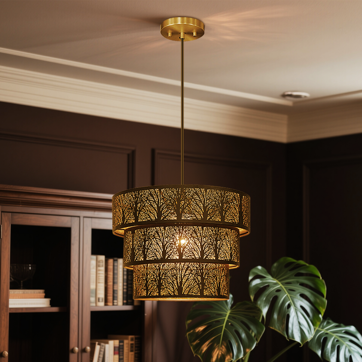 3-Tier Drum Pendant Light | Forest Tree Branch Hollow-Out Metal Shade | Adjustable Height | E26 Max 60W | Boho Farmhouse Chandelier