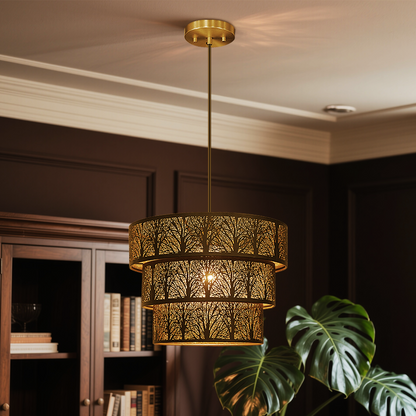 3-Tier Drum Pendant Light | Forest Tree Branch Hollow-Out Metal Shade | Adjustable Height | E26 Max 60W | Boho Farmhouse Chandelier
