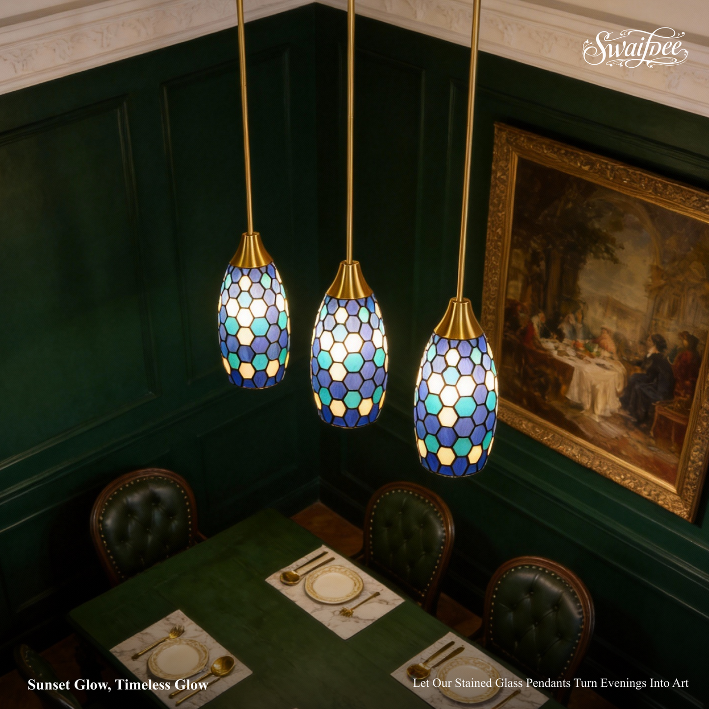 Blue Green Tiffany-Style Teardrop Pendant Light | Honeycomb Mosaic Metal Shade | Gold Base | E26 Max 60W | Boho Mediterranean Bedroom Lamp