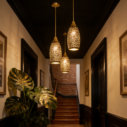 Gold Teardrop Pendant Light | Flame Petal Hollow-Out Etched Metal Shade | Adjustable Height | E26 Max 60W | Luxury Boho Entryway Accent Lamp