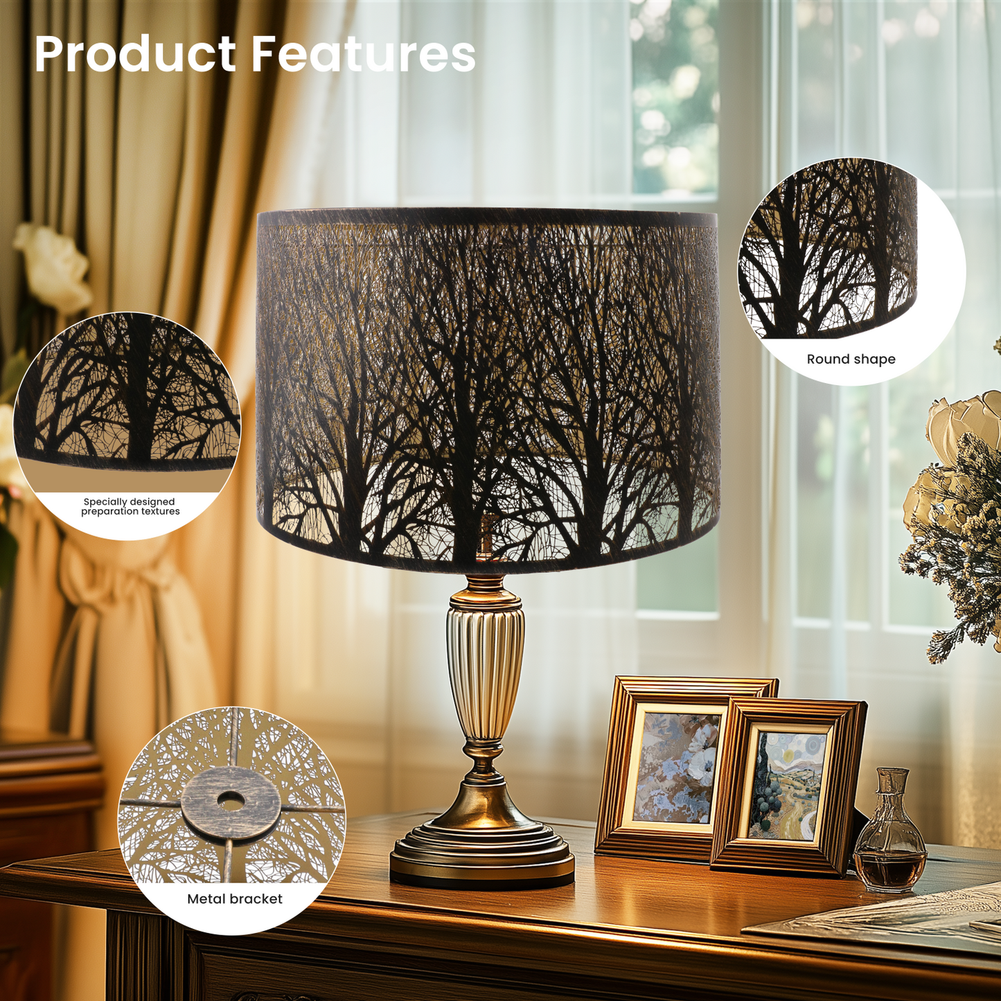 Decorative table lamp with tree design shade on a wooden table.