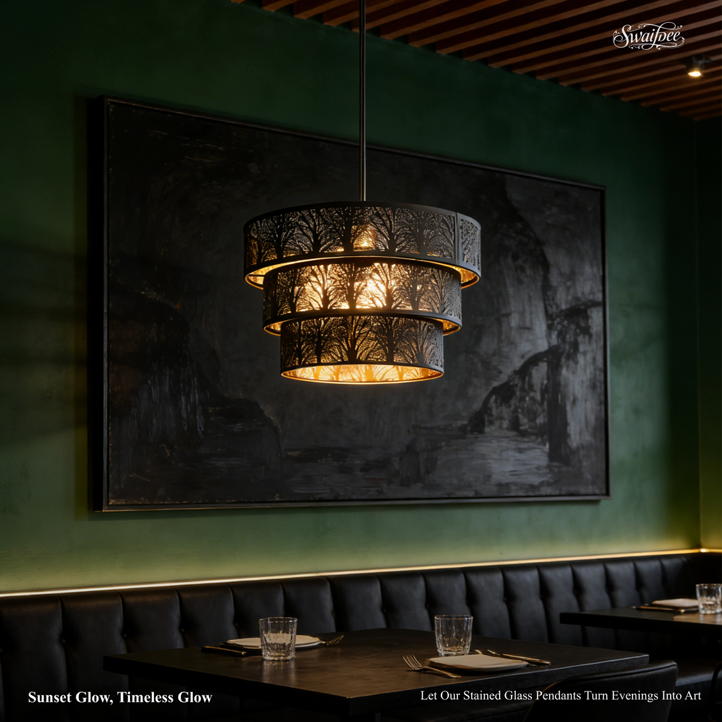 3-Tier Drum Pendant Light | Black Gold Forest Tree Branch Hollow-Out Metal Shade | Multi-Ceiling Compatible | E26 Max 60W | Modern Boho Chandelier