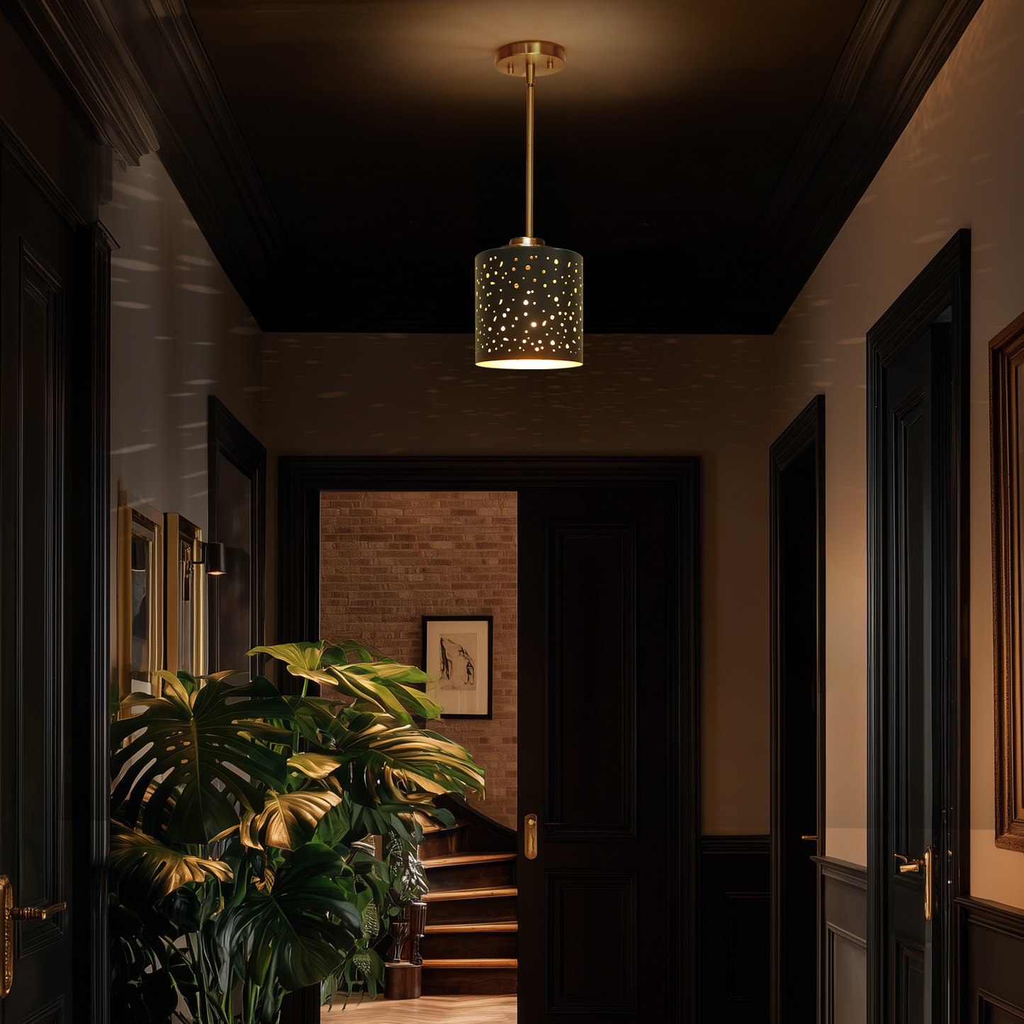 Industrial Black Gold Cylinder Pendant Light | Star Hollow-Out Metal Drum Shade | Height Adjustable | E26 | Kitchen Island Bar Lamp