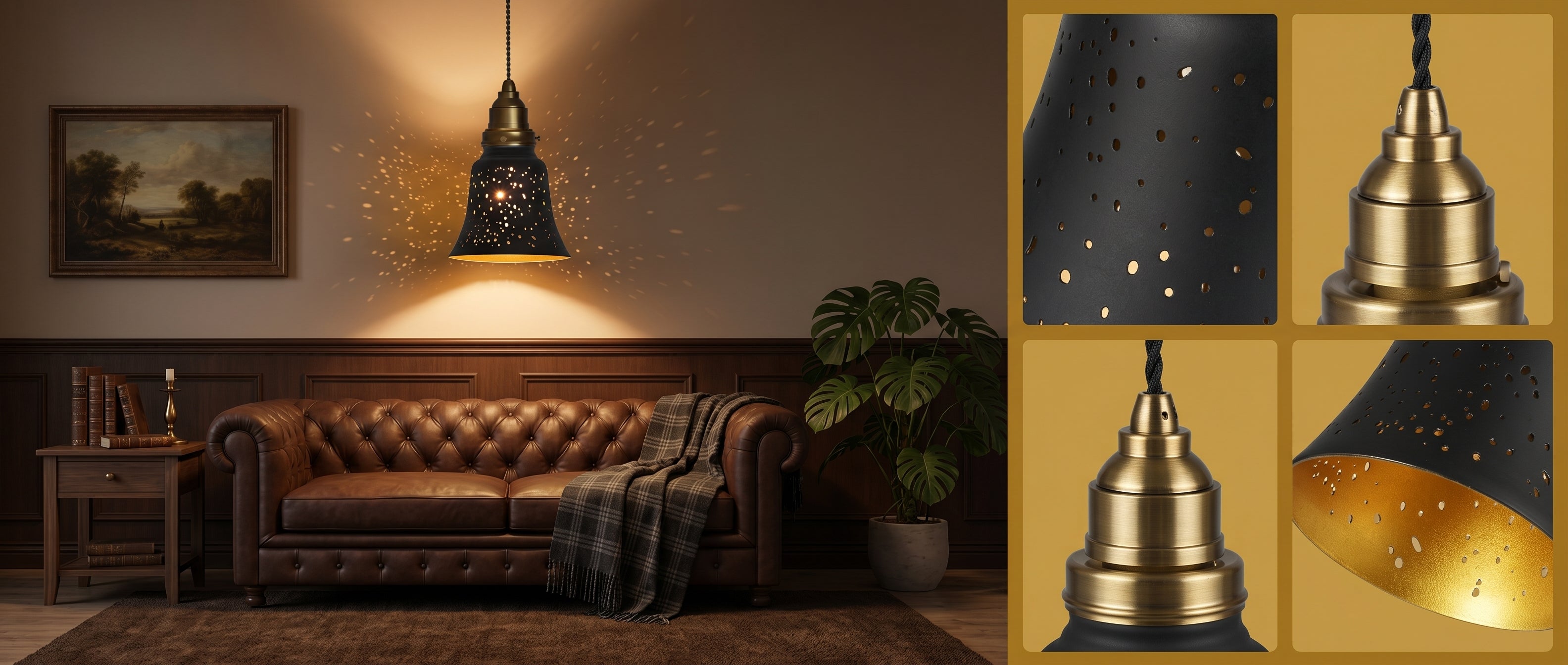 4-Pack Starlight Lamp Shade for Living Room - Black Metal with Gold Interior Pendant Light on Vintage Leather Sofa, Product Details Grid Showing Starlight Etching Pattern, Brass Fitter and Gold Interior Lining, 4.72"x4.72" Shades with 1-5/8" Fitter
