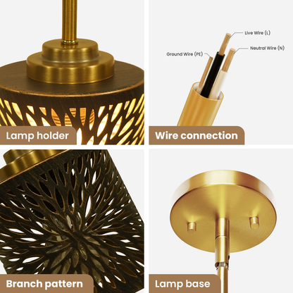 Sunburst Drum Pendant Light | Firework Hollow-Out Etched Metal Shade | Gold Bronze | Adjustable Height | E26 Max 60W | Boho Art Deco Ceiling Lamp Description