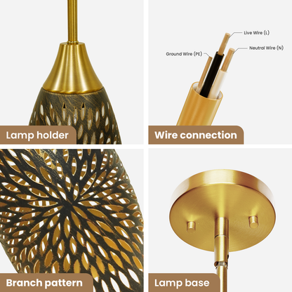 Gold Teardrop Pendant Light | Flame Petal Hollow-Out Etched Metal Shade | Adjustable Height | E26 Max 60W | Luxury Boho Entryway Accent Lamp