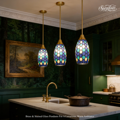 Blue Green Tiffany-Style Teardrop Pendant Light | Honeycomb Mosaic Metal Shade | Gold Base | E26 Max 60W | Boho Mediterranean Bedroom Lamp