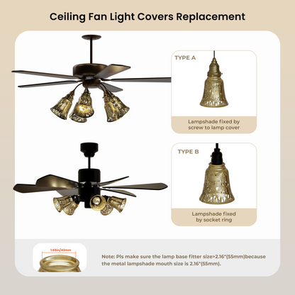 Replacement ceiling fan light covers with detailed illustrations and measurements.