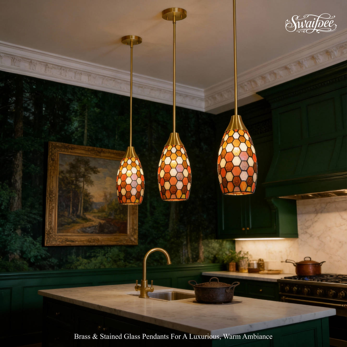 Amber Red Tiffany-Style Teardrop Pendant Light | Honeycomb Mosaic Metal Shade | Gold Base | E26 Max 60W | Vintage Warm Dining Room Lamp