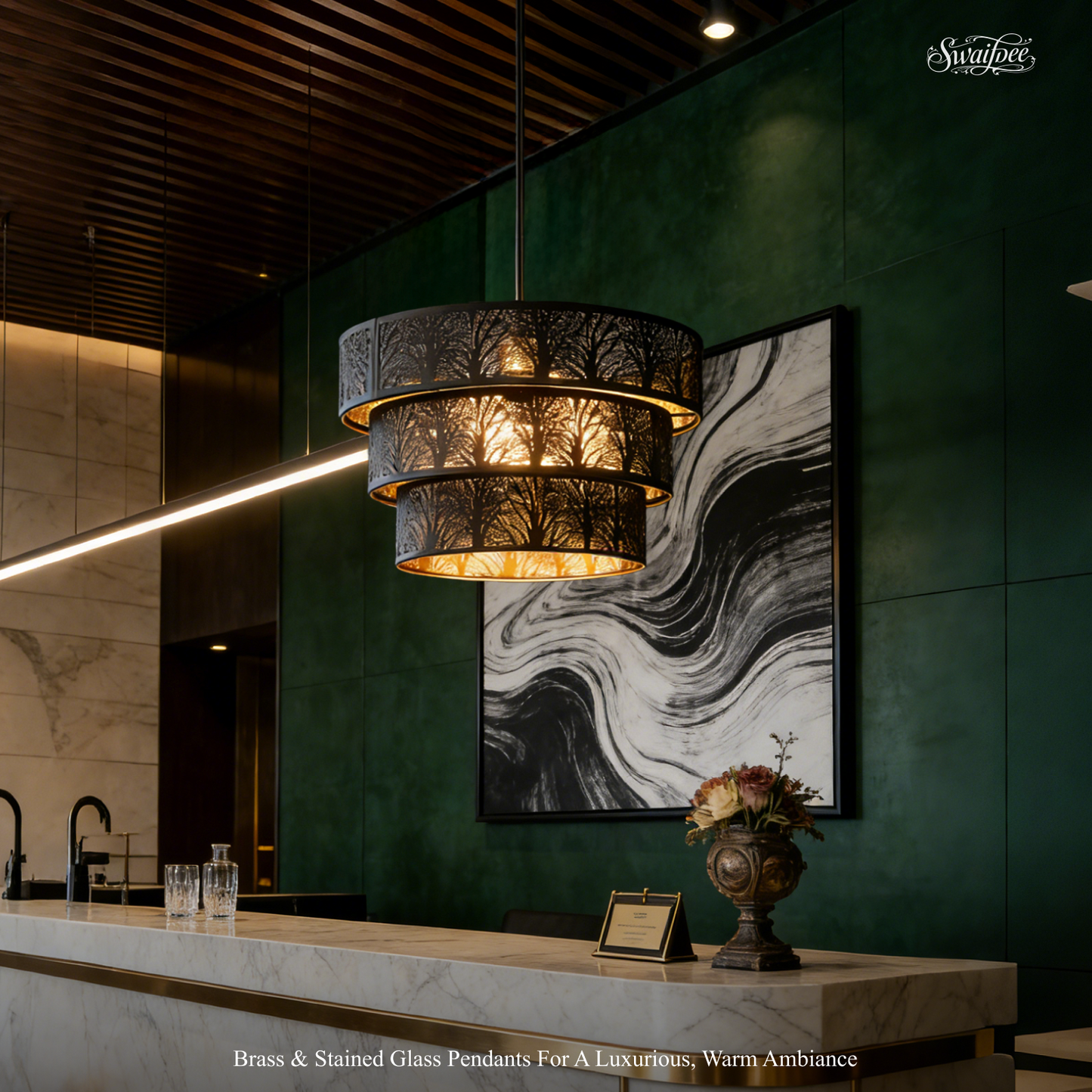 3-Tier Drum Pendant Light | Black Gold Forest Tree Branch Hollow-Out Metal Shade | Multi-Ceiling Compatible | E26 Max 60W | Modern Boho Chandelier