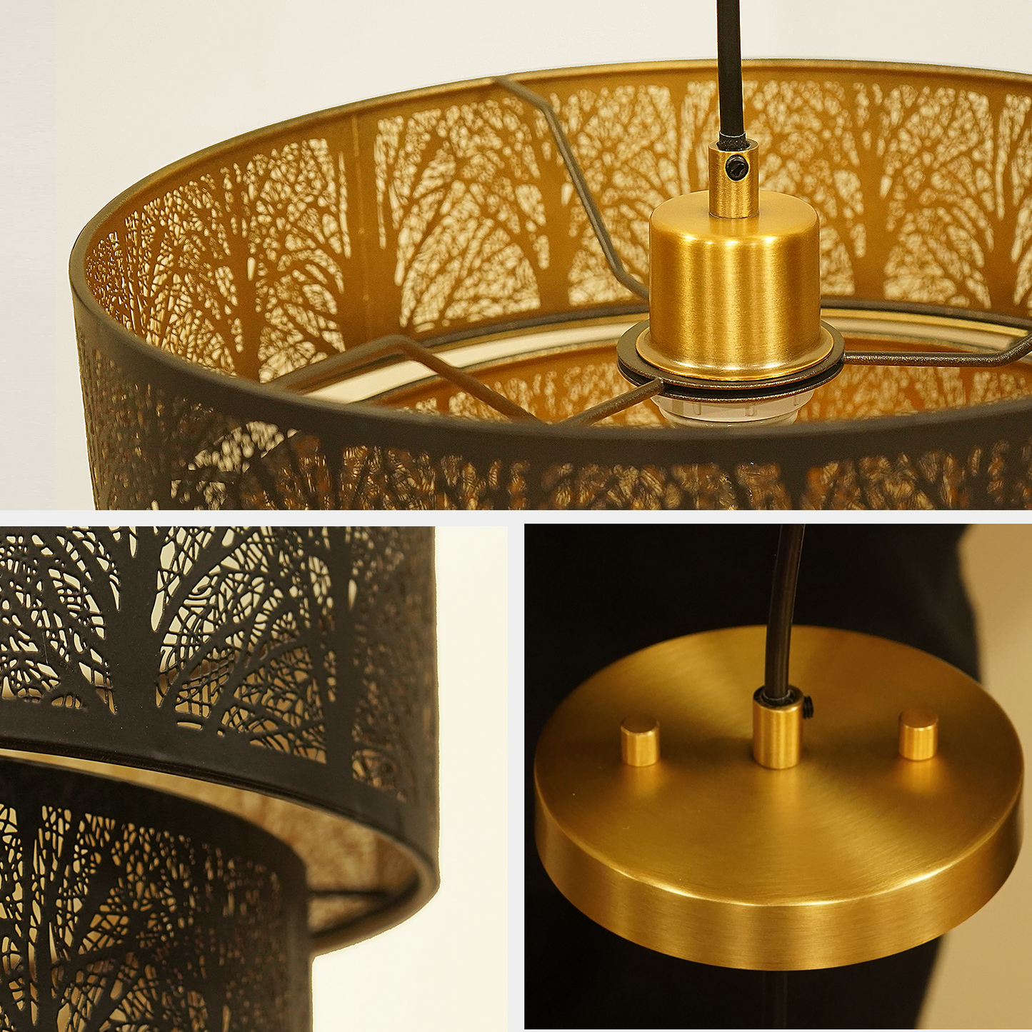 3-Tier Drum Pendant Light | Forest Tree Branch Hollow-Out Metal Shade | Adjustable Height | E26 Max 60W | Boho Farmhouse Chandelier