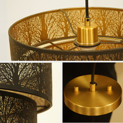 3-Tier Drum Pendant Light | Forest Tree Branch Hollow-Out Metal Shade | Adjustable Height | E26 Max 60W | Boho Farmhouse Chandelier