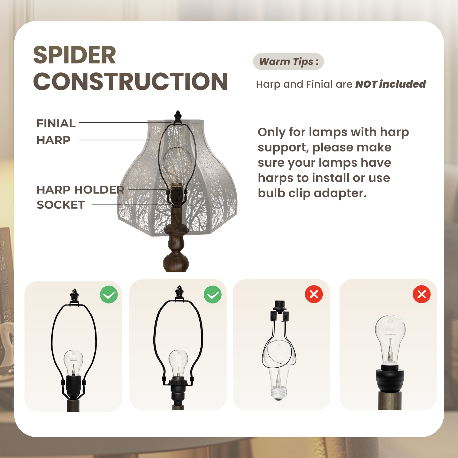 Lamp assembly diagram with labeled parts and usage instructions.