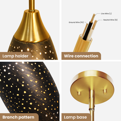 Starry Night Teardrop Pendant Light | Hollow-Out Dot Etched Metal Shade | Gold Bronze | Adjustable Height | E26 | Boho Bedroom Accent Lamp