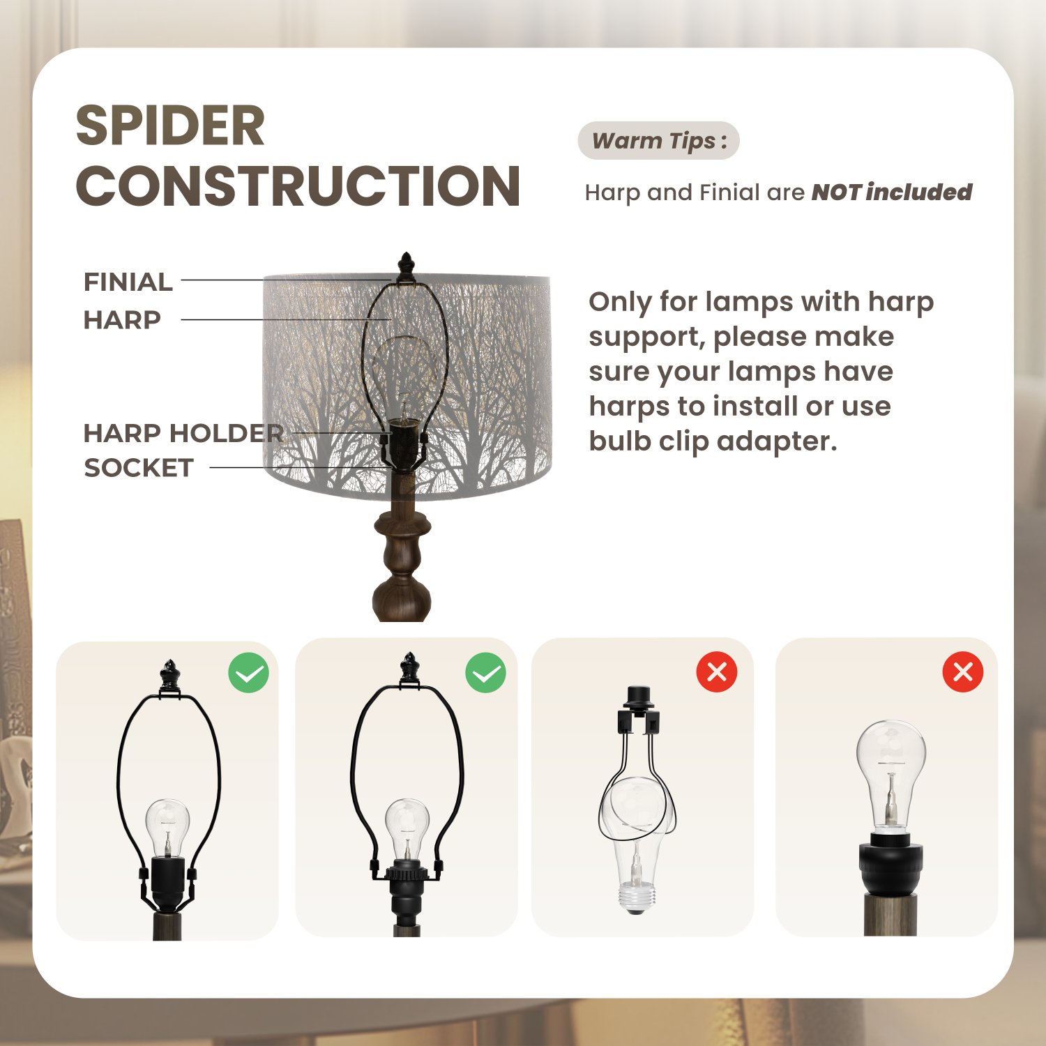 Instructions for using a spider construction lamp with diagrams of correct and incorrect usage.