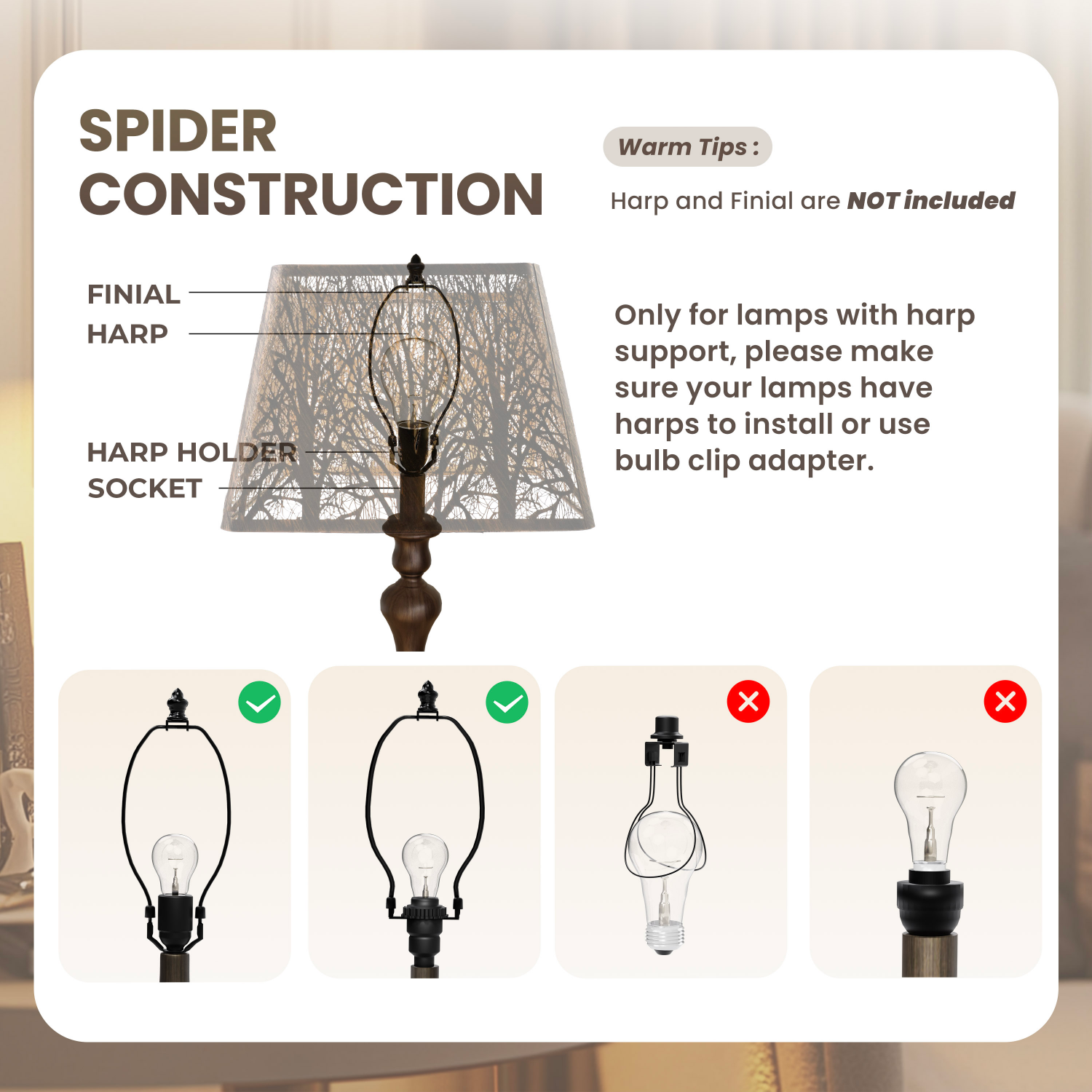 Lamp parts diagram with spider construction and bulb installation instructions.