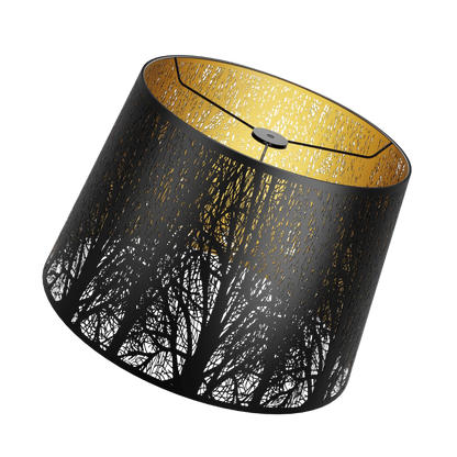 A drum-shaped lampshade with detailed etched tree patterns, predominantly black in color with a golden interior.