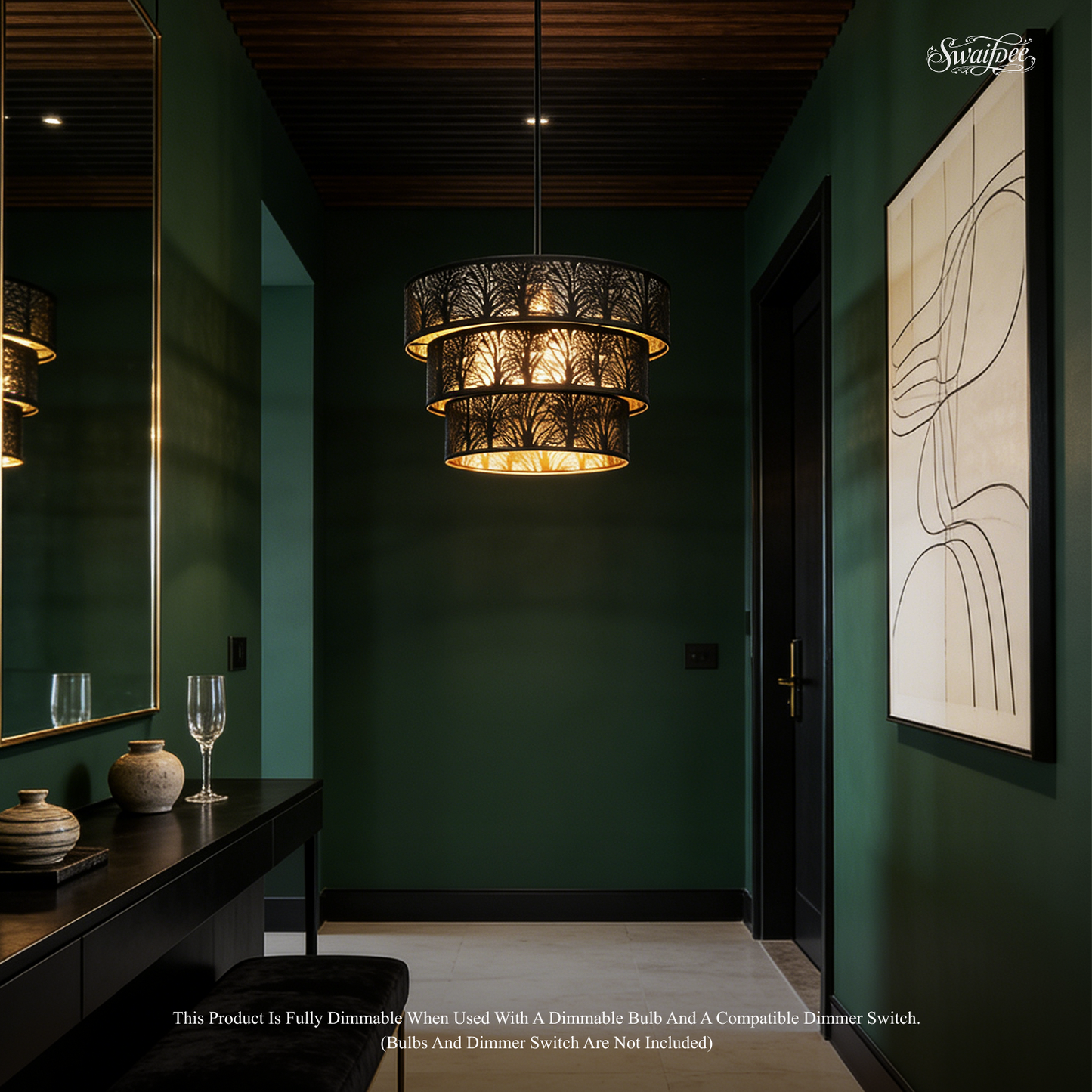 3-Tier Drum Pendant Light | Black Gold Forest Tree Branch Hollow-Out Metal Shade | Multi-Ceiling Compatible | E26 Max 60W | Modern Boho Chandelier