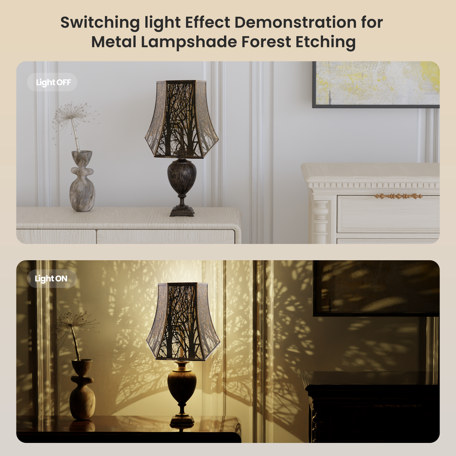 Two images showing a metal lampshade with forest etching. The top image displays the lampshade off, with a plain lamp base and the bottom image shows the same lampshade on, casting a warm, patterned light effect on the wall and ceiling.