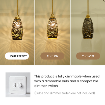 Gold Teardrop Pendant Light | Flame Petal Hollow-Out Etched Metal Shade | Adjustable Height | E26 Max 60W | Luxury Boho Entryway Accent Lamp