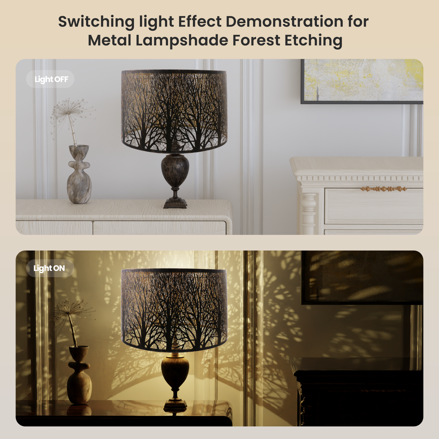 Demonstration of a metal lampshade with forest etching in a home setting.