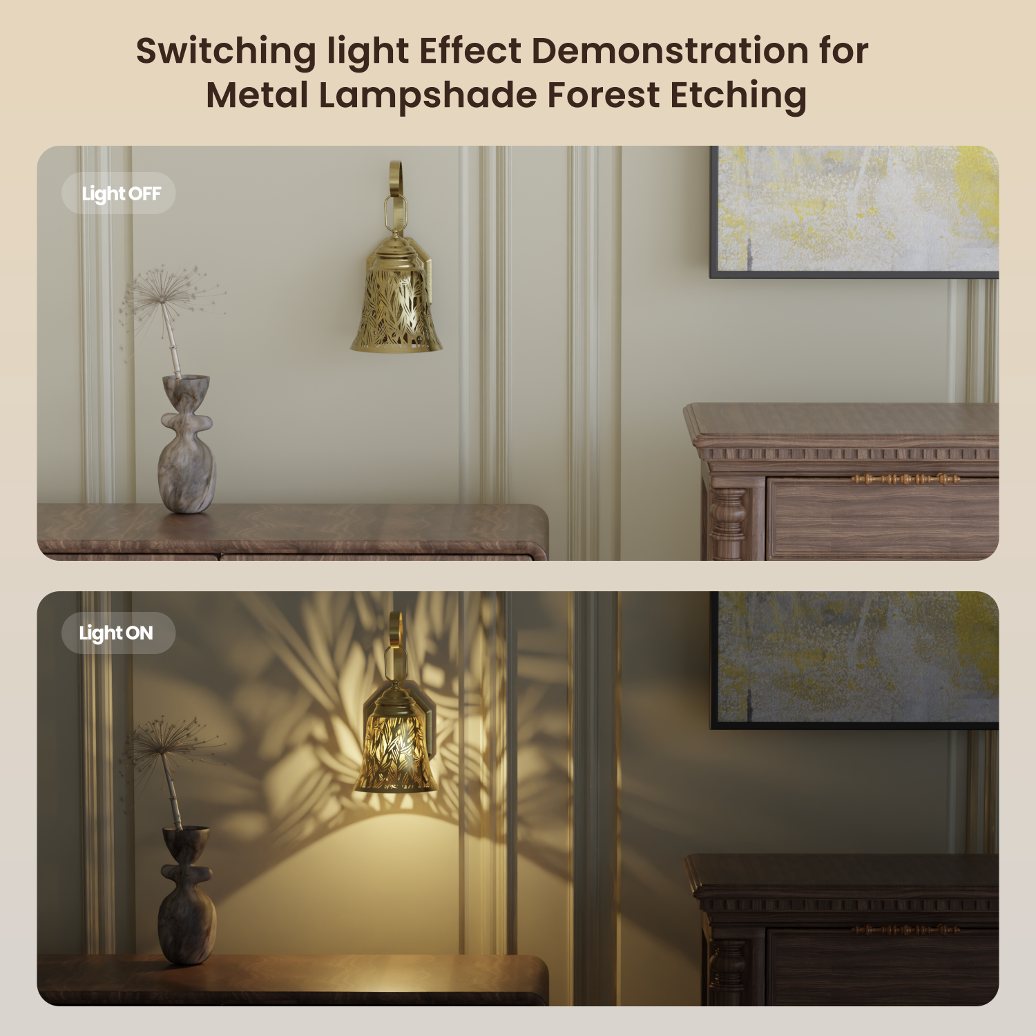 Demonstration of a metal lampshade with forest etching effect in a room setting.