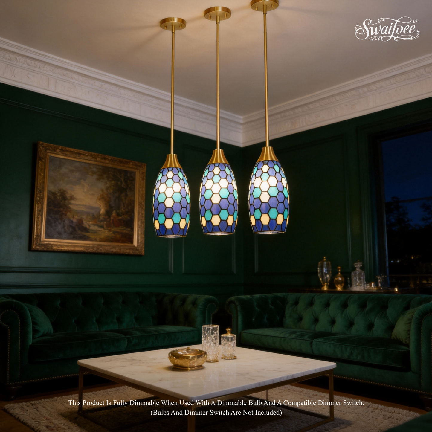Blue Green Tiffany-Style Teardrop Pendant Light | Honeycomb Mosaic Metal Shade | Gold Base | E26 Max 60W | Boho Mediterranean Bedroom Lamp