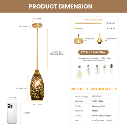 Gold Bronze Teardrop Pendant Light | Flame Petal Hollow-Out Etched Metal Shade | Adjustable Height | E26 Max 60W | Boho Romantic Ceiling Lamp