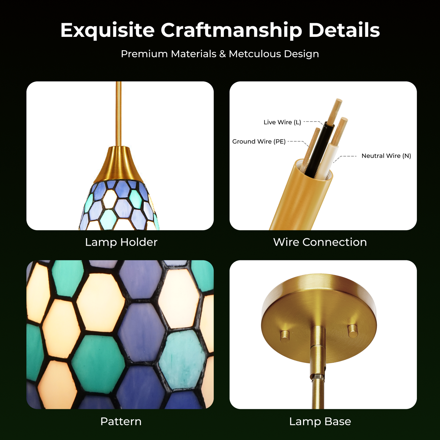 Blue Green Tiffany-Style Teardrop Pendant Light | Honeycomb Mosaic Metal Shade | Gold Base | E26 Max 60W | Boho Mediterranean Bedroom Lamp