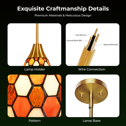 Amber Red Tiffany-Style Teardrop Pendant Light | Honeycomb Mosaic Metal Shade | Gold Base | E26 Max 60W | Vintage Warm Dining Room Lamp