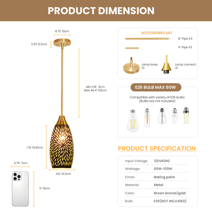 Gold Teardrop Pendant Light | Flame Petal Hollow-Out Etched Metal Shade | Adjustable Height | E26 Max 60W | Luxury Boho Entryway Accent Lamp