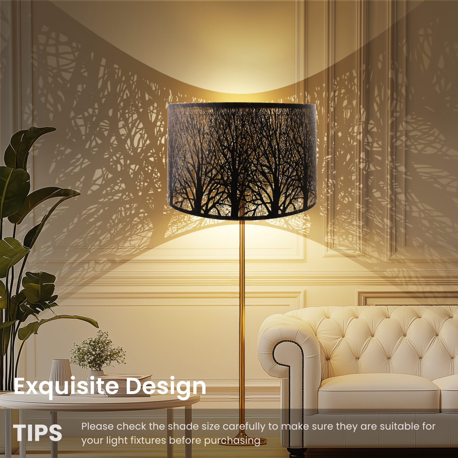 Floor lamp with decorative shade in a living room.