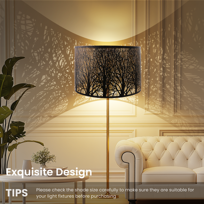 Floor lamp with decorative shade in a living room.