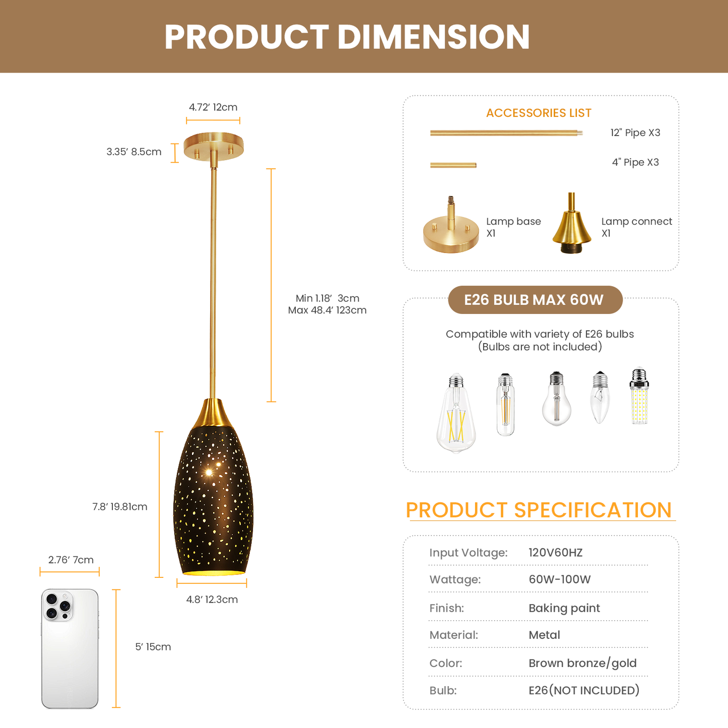 Industrial Gold Teardrop Pendant Light | Starry Hollow-Out Etched Metal Shade | Gold Black | Height Adjustable | E26 Max 60W | Kitchen Bar Café Hanging Lamp