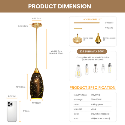 Industrial Gold Teardrop Pendant Light | Starry Hollow-Out Etched Metal Shade | Gold Black | Height Adjustable | E26 Max 60W | Kitchen Bar Café Hanging Lamp