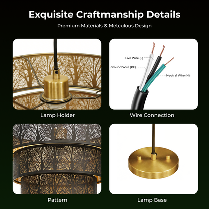 3-Tier Drum Pendant Light | Black Gold Forest Tree Branch Hollow-Out Metal Shade | Multi-Ceiling Compatible | E26 Max 60W | Modern Boho Chandelier