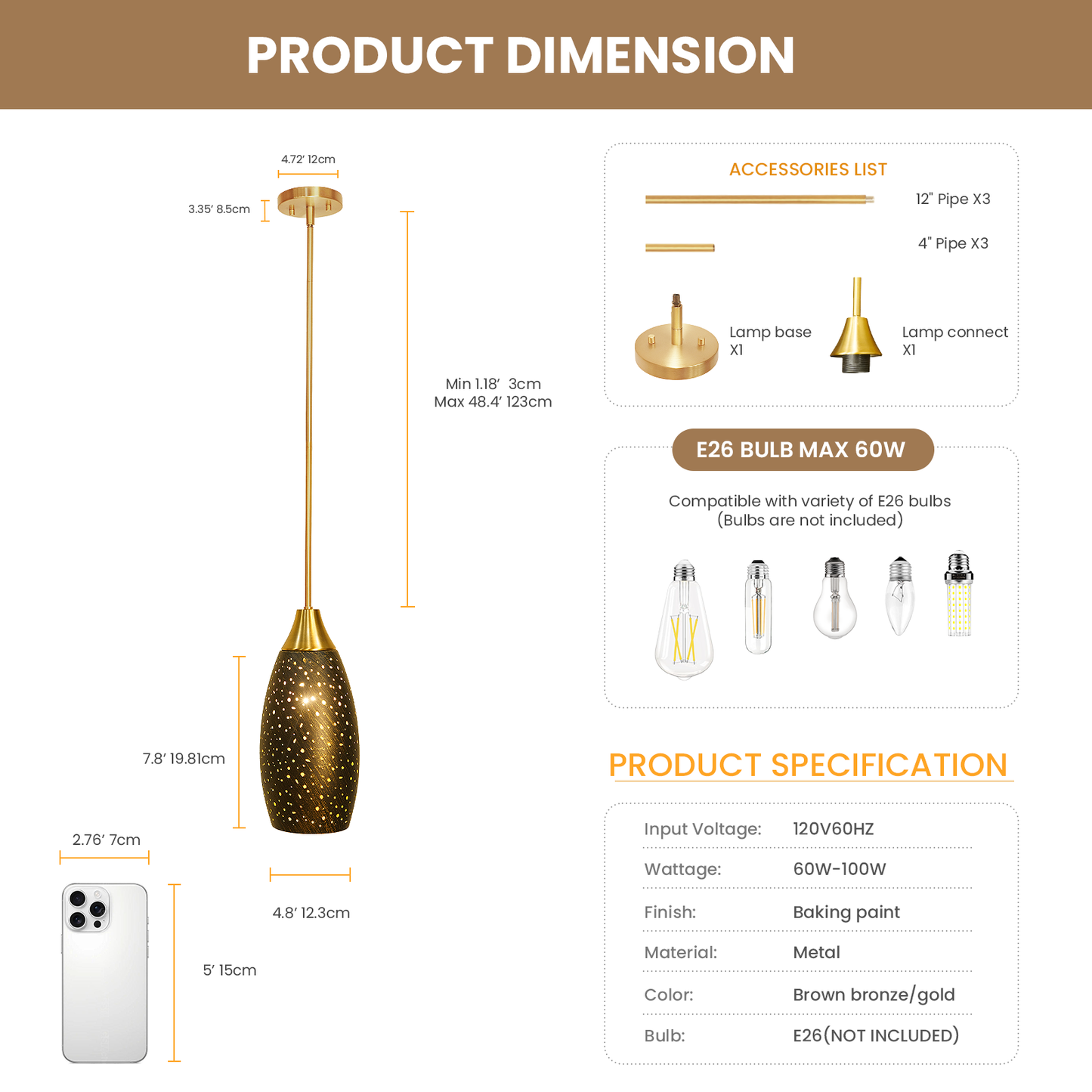 Starry Night Teardrop Pendant Light | Hollow-Out Dot Etched Metal Shade | Gold Bronze | Adjustable Height | E26 | Boho Bedroom Accent Lamp