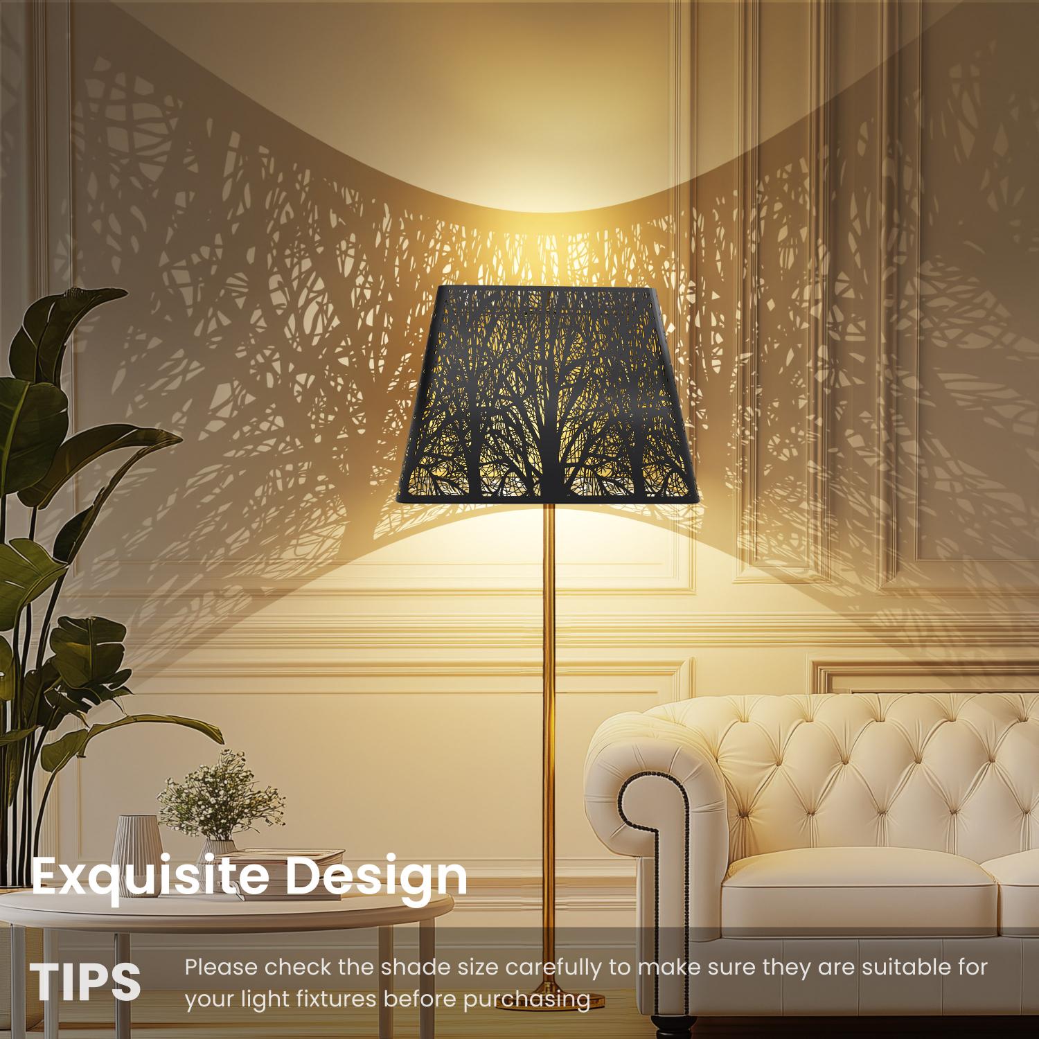 Decorative floor lampshade in a living room with tree shadow design.