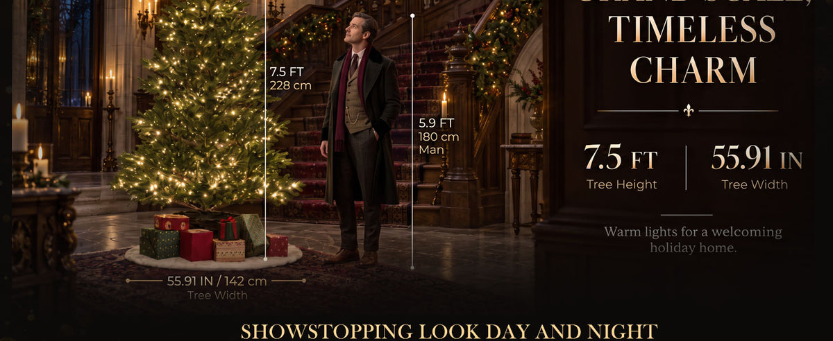 A 7.5-foot (228 cm) artificial Christmas tree shown beside an adult man for scale, with dimensions labeled as 55.91 inches (142 cm) wide.