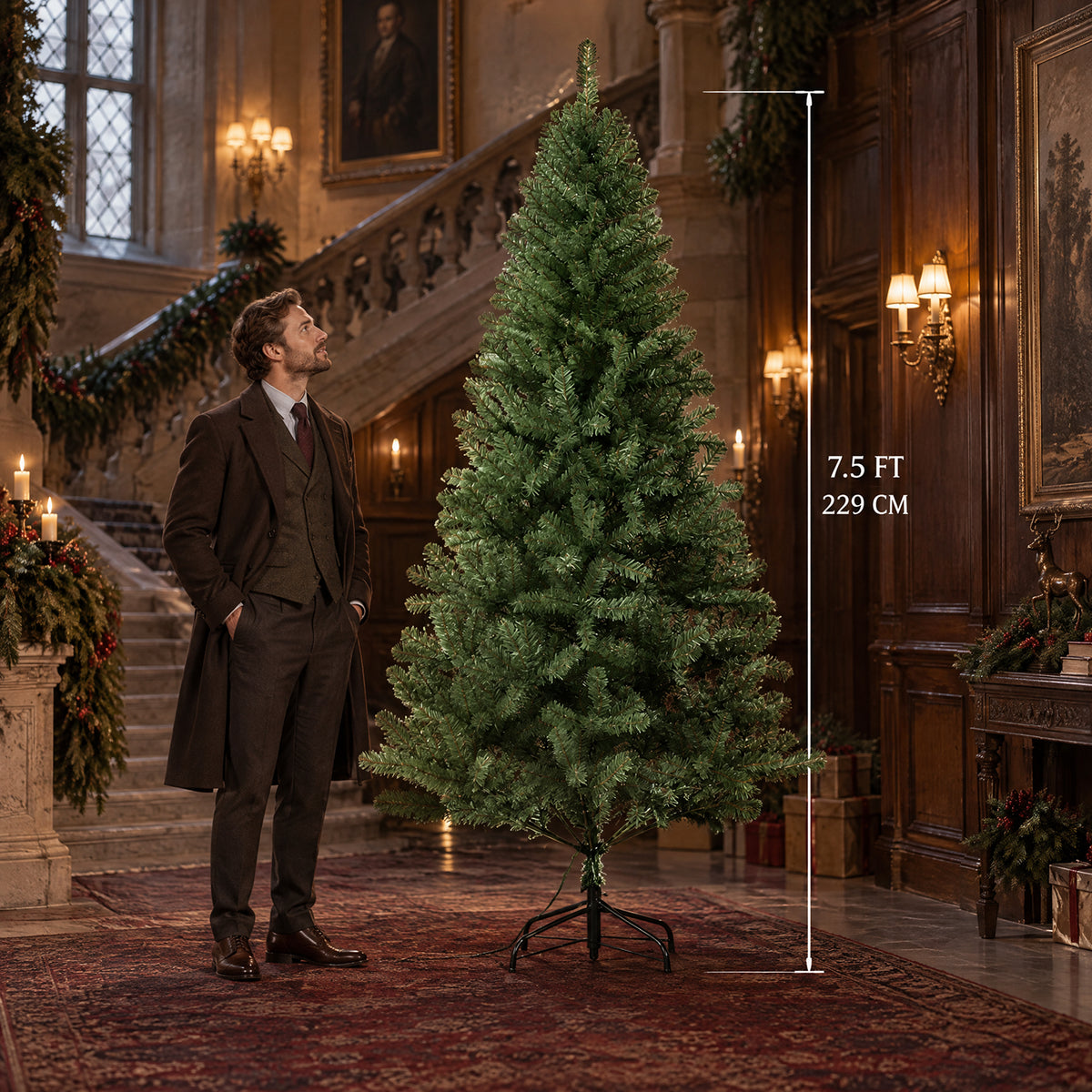 A 7.5-foot (229 cm) green artificial Christmas tree shown beside an adult man to illustrate its height in an elegant holiday interior.