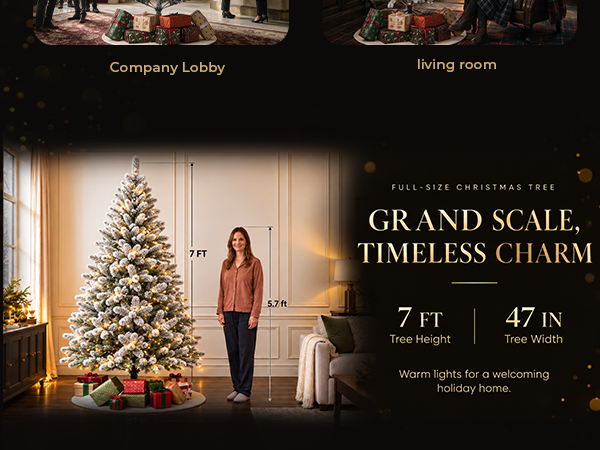 7-foot white flocked pre-lit artificial Christmas tree with a 47-inch width, shown beside an adult woman for scale in a bright living room.