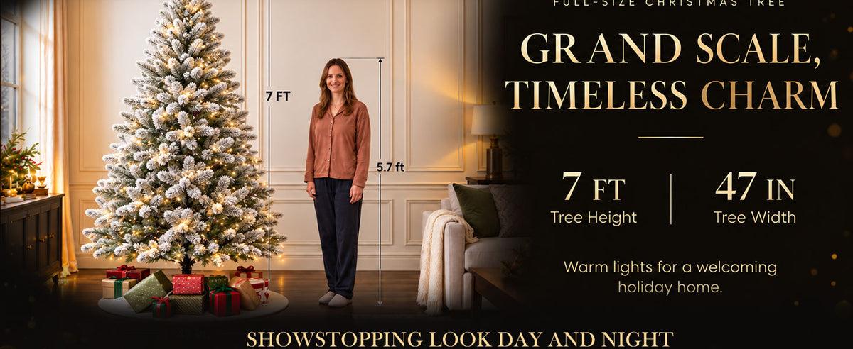 7-foot white flocked artificial Christmas tree size chart showing a height of 84 inches and a width of 47 inches, with an adult woman for scale.