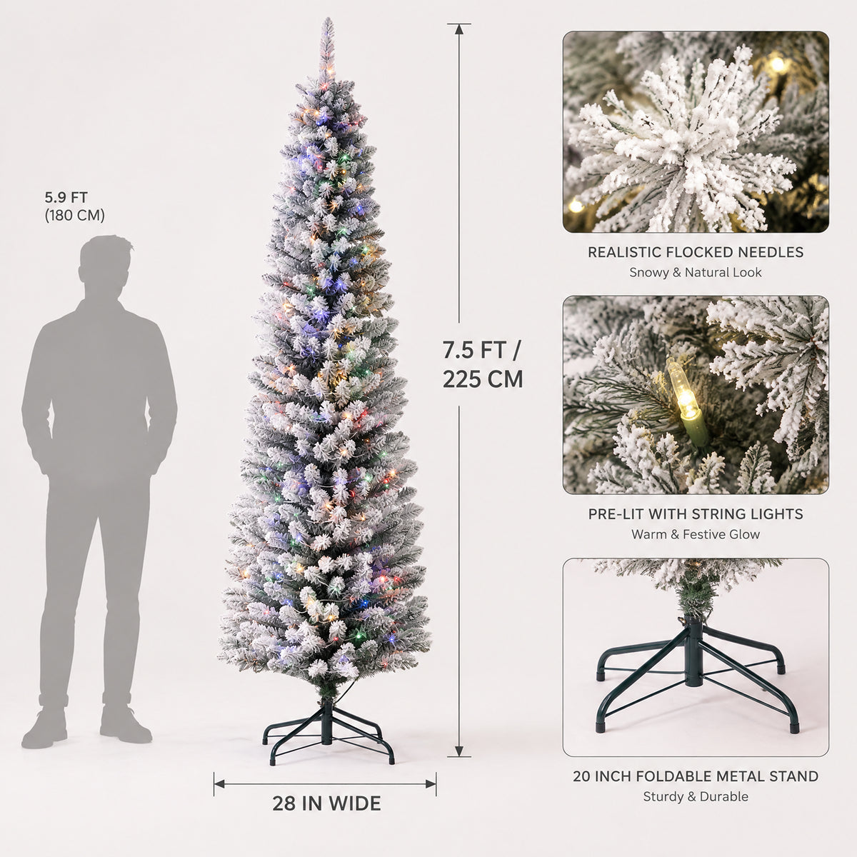 7.5 ft flocked artificial Christmas tree with multicolor LED lights, realistic snowy needles and a foldable metal stand, shown with a size comparison and product detail images.