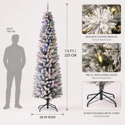 7.5 ft flocked artificial Christmas tree with multicolor LED lights, realistic snowy needles and a foldable metal stand, shown with a size comparison and product detail images.