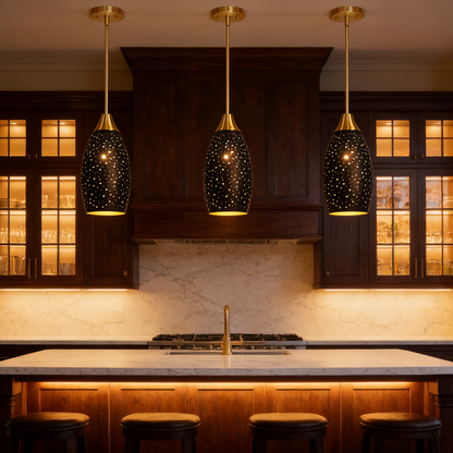 Industrial Gold Teardrop Pendant Light | Starry Hollow-Out Etched Metal Shade | Gold Black | Height Adjustable | E26 Max 60W | Kitchen Bar Café Hanging Lamp